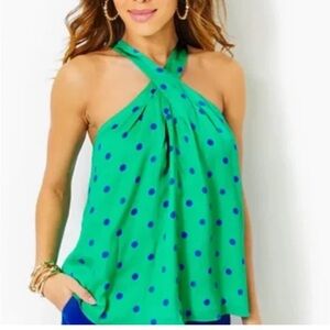 Lilly Pulitzer RORI halter top botanical green blue polka dots tie back neck M